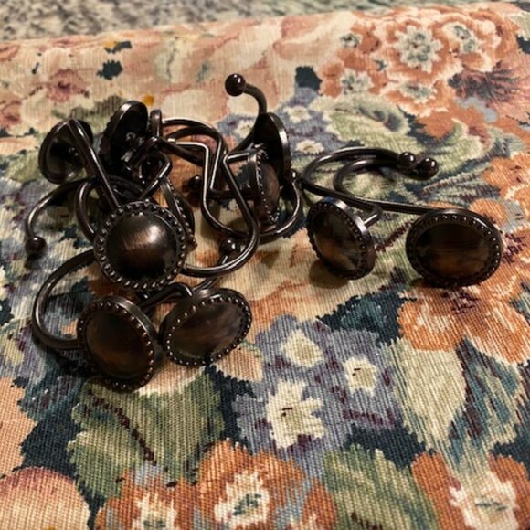 set of 12 * OIL-RUBBED BRONZE circles with little balls SHOWER CURTAIN HOOKS - Picture 4 of 4